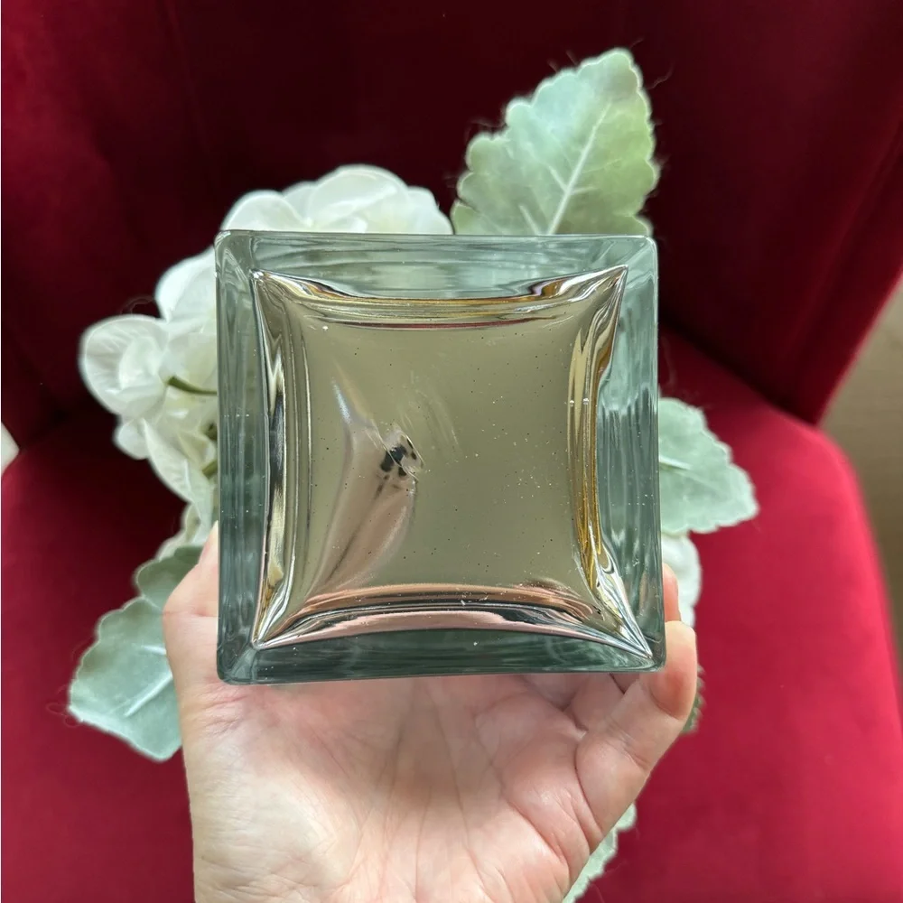 LIKE NEW silk flower arrangement in square silver mirrored glass container
